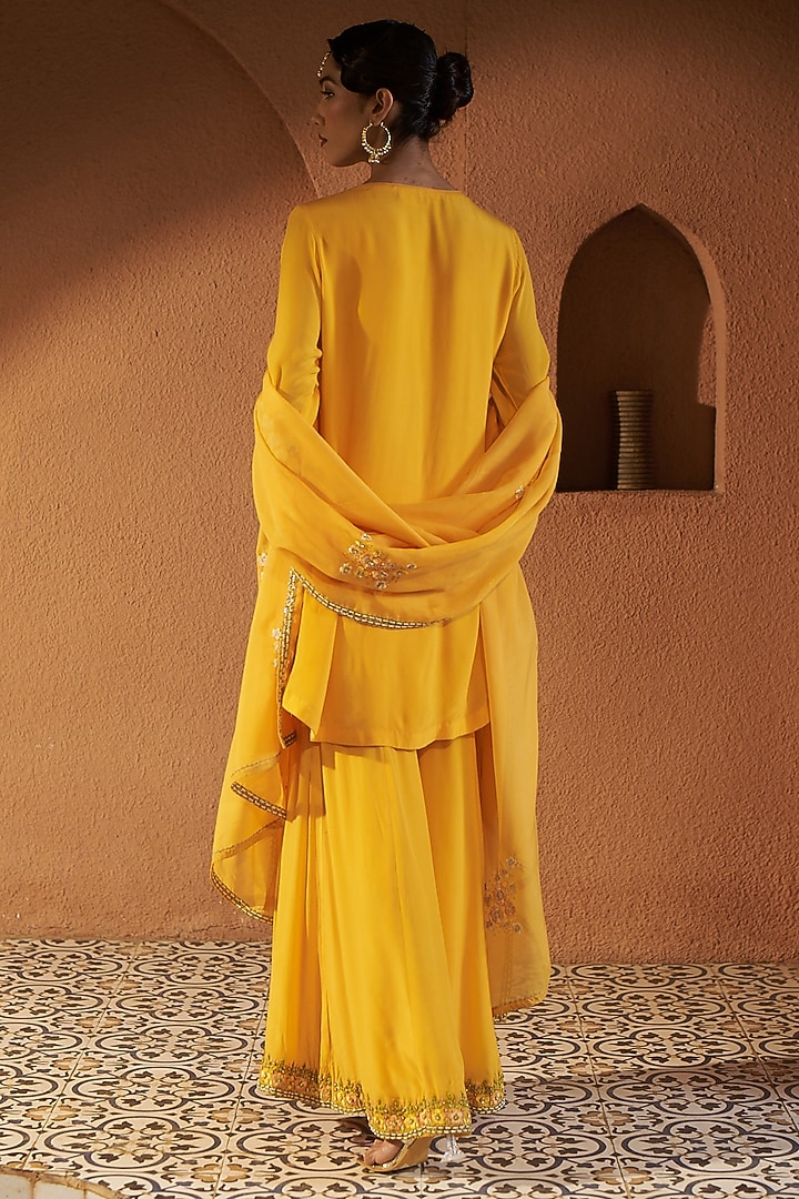Yellow Crepe Wedding Sharara Set by Sonia Khatri at Pernia's Pop Up Shop