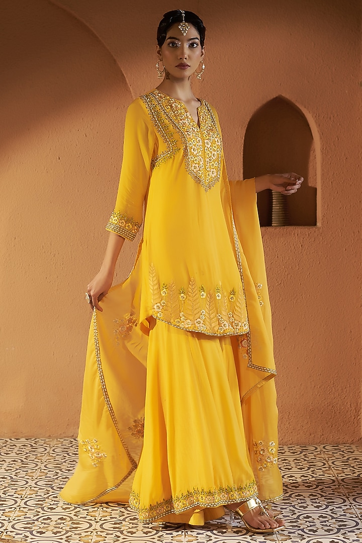 Yellow Crepe Wedding Sharara Set by Sonia Khatri at Pernia's Pop Up Shop