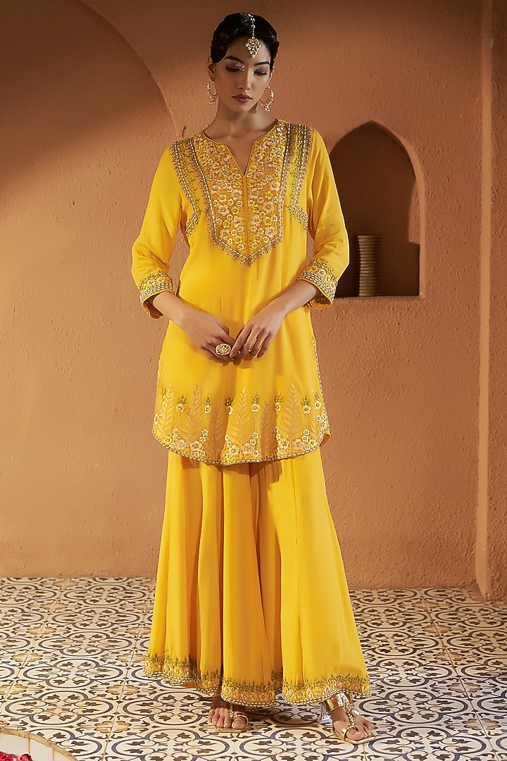 Yellow Crepe Wedding Sharara Set by Sonia Khatri at Pernia's Pop Up Shop