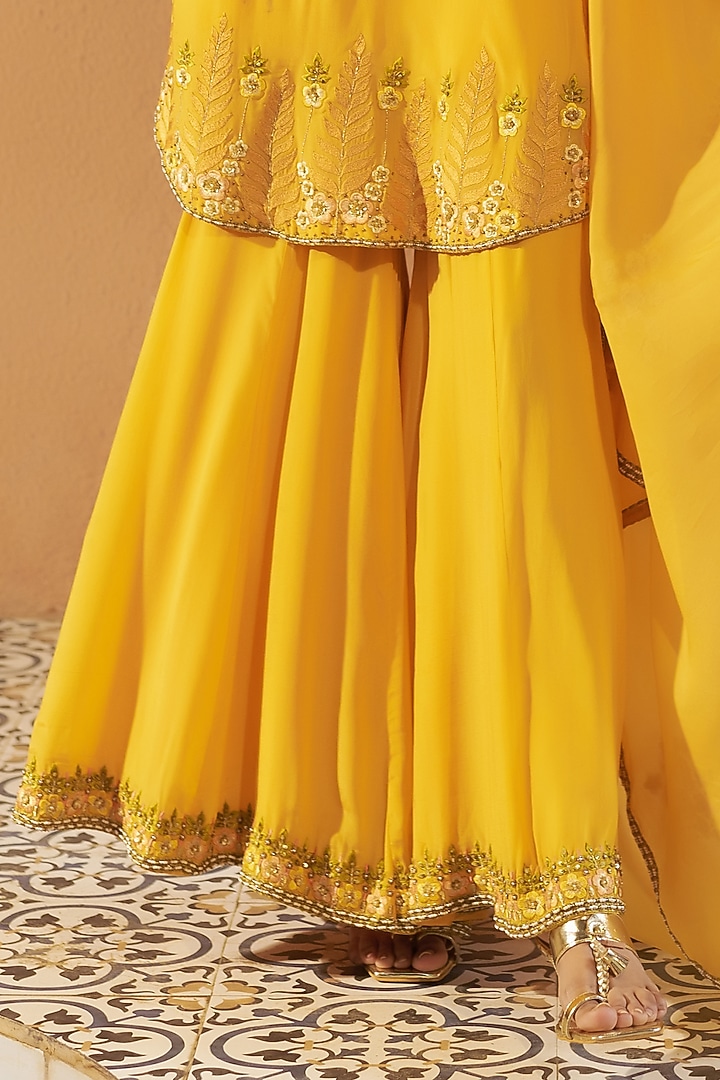Yellow Crepe Wedding Sharara Set by Sonia Khatri at Pernia's Pop Up Shop