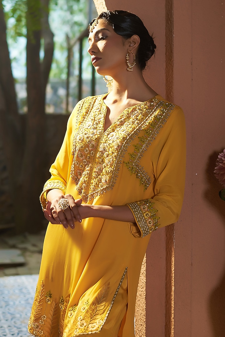 Yellow Crepe Wedding Sharara Set by Sonia Khatri at Pernia's Pop Up Shop