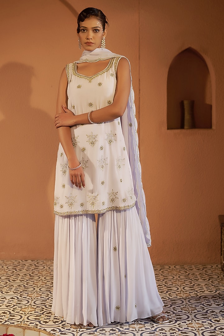 Off-White Georgette Wedding Sharara Set by Sonia Khatri at Pernia's Pop Up Shop
