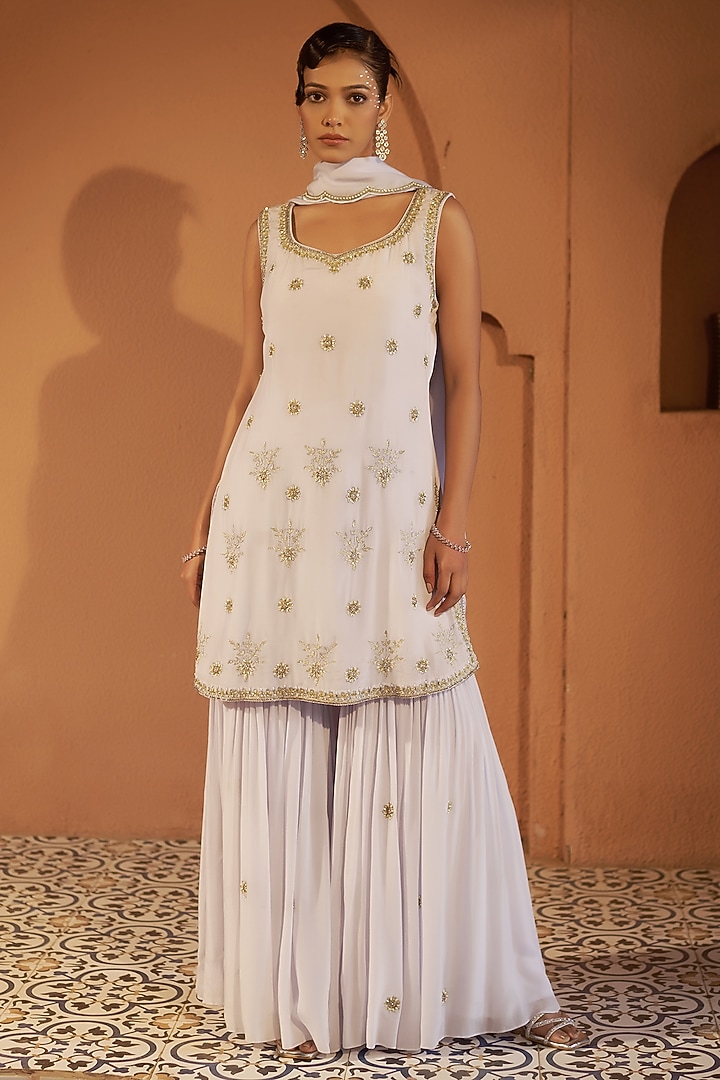 Off-White Georgette Wedding Sharara Set by Sonia Khatri at Pernia's Pop Up Shop