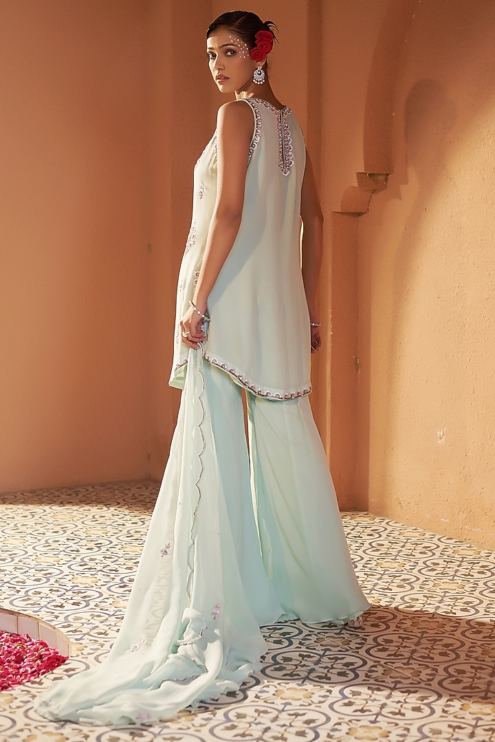 Aqua Georgette Wedding Sharara Set by Sonia Khatri at Pernia's Pop Up Shop