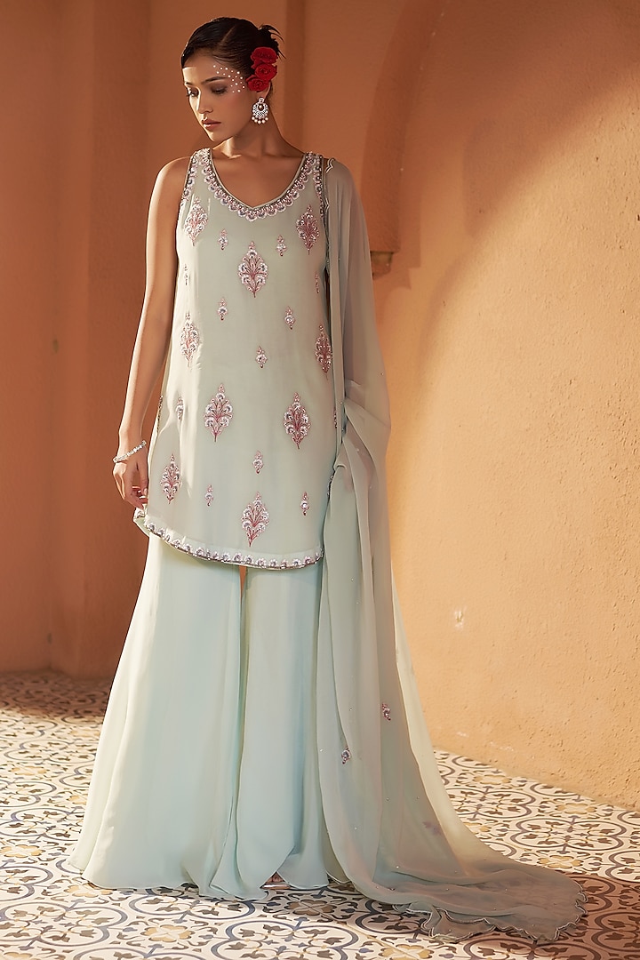Aqua Georgette Wedding Sharara Set by Sonia Khatri at Pernia's Pop Up Shop