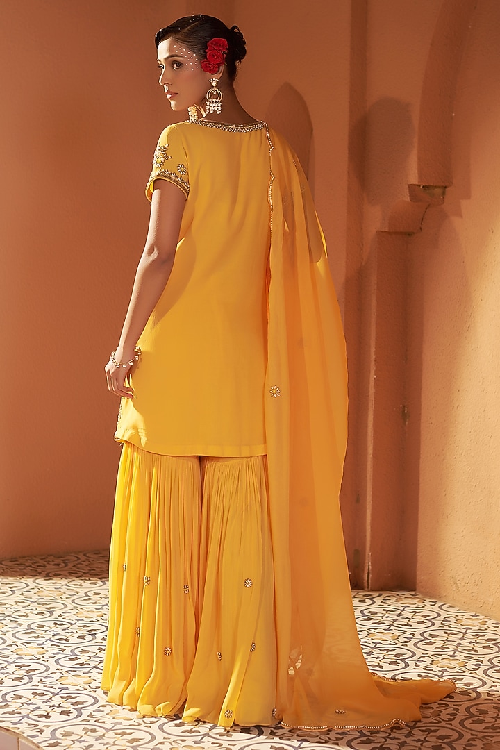 Yellow Georgette Wedding Sharara Set by Sonia Khatri at Pernia's Pop Up Shop