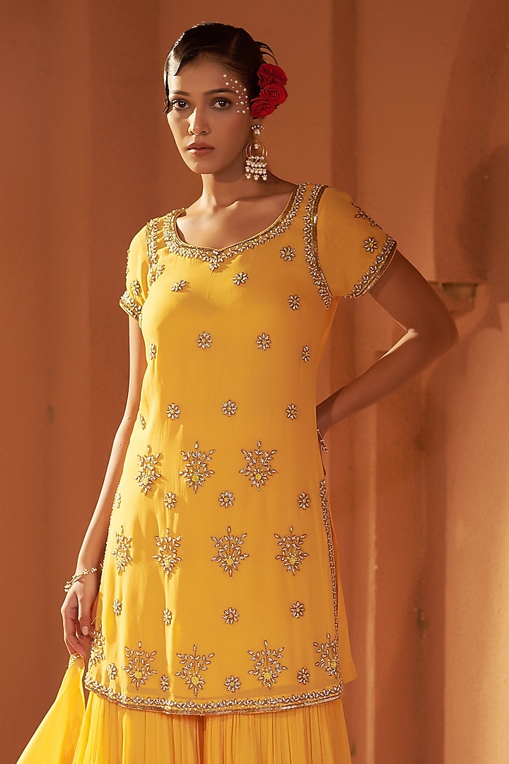 Yellow Georgette Wedding Sharara Set by Sonia Khatri at Pernia's Pop Up Shop