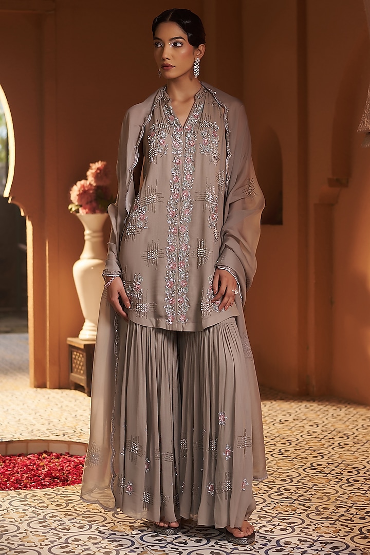 Taupe Georgette Sharara Set by Sonia Khatri at Pernia's Pop Up Shop