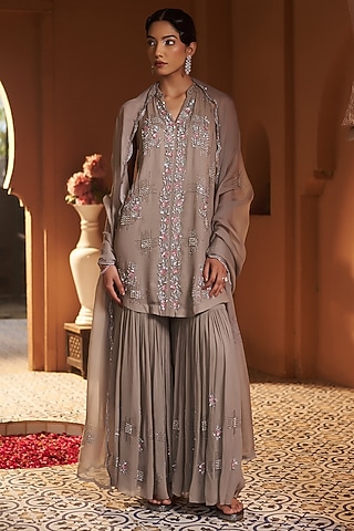 Taupe Georgette Sharara Set by Sonia Khatri