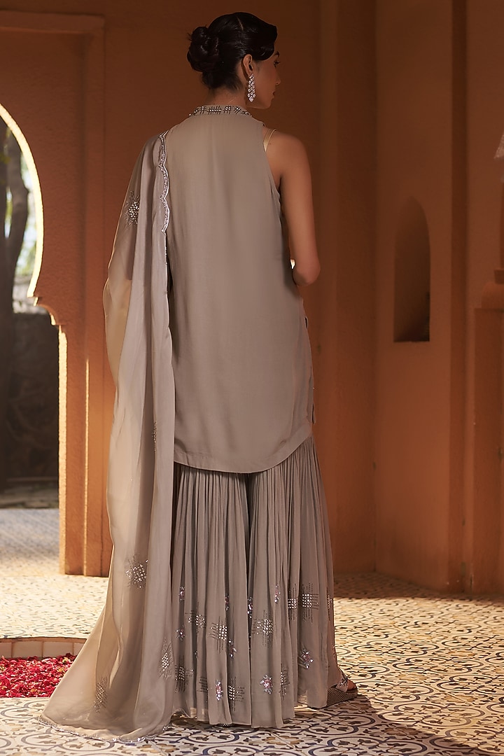 Taupe Georgette Wedding Sharara Set by Sonia Khatri at Pernia's Pop Up Shop