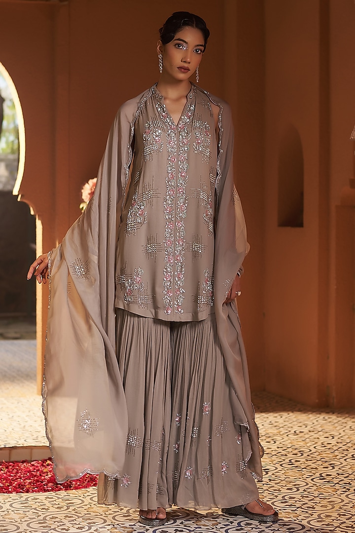 Taupe Georgette Wedding Sharara Set by Sonia Khatri at Pernia's Pop Up Shop