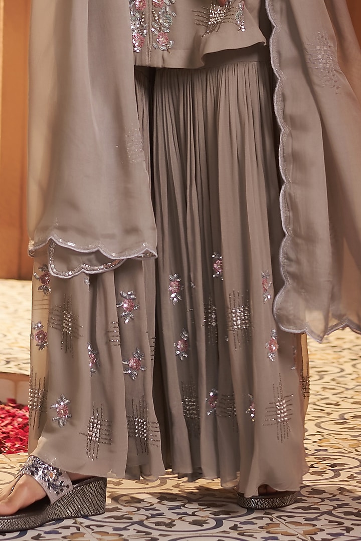 Taupe Georgette Wedding Sharara Set by Sonia Khatri at Pernia's Pop Up Shop