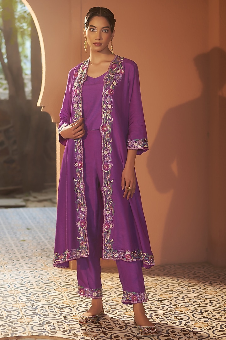 Purple Silk Resham Embroidered Jacket Set by Sonia Khatri at Pernia's Pop Up Shop