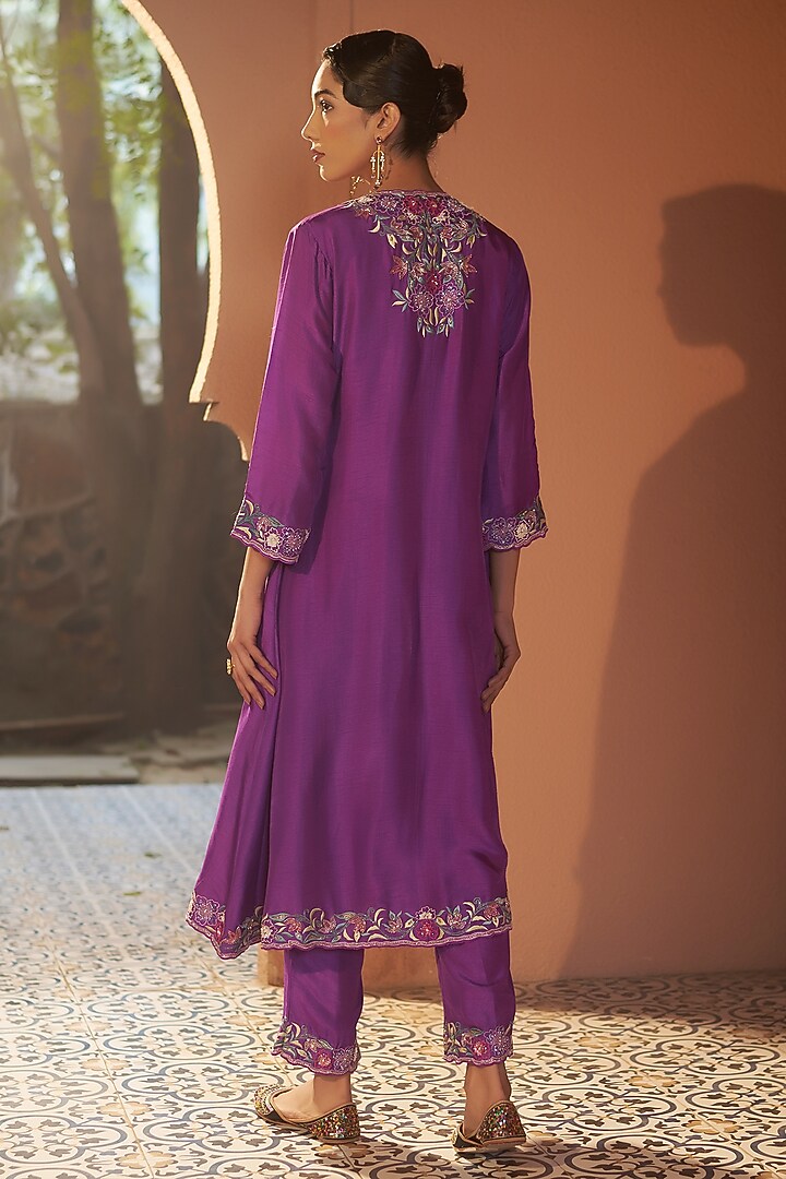 Purple Silk Resham Embroidered Jacket Set by Sonia Khatri at Pernia's Pop Up Shop