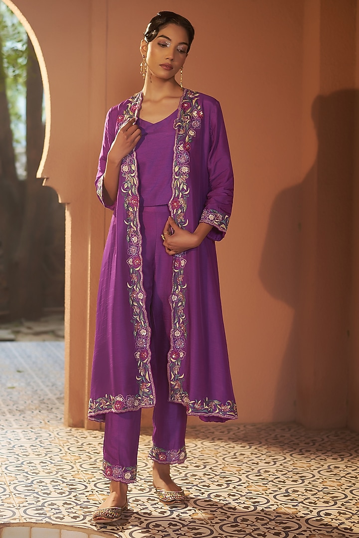Purple Silk Resham Embroidered Jacket Set by Sonia Khatri at Pernia's Pop Up Shop