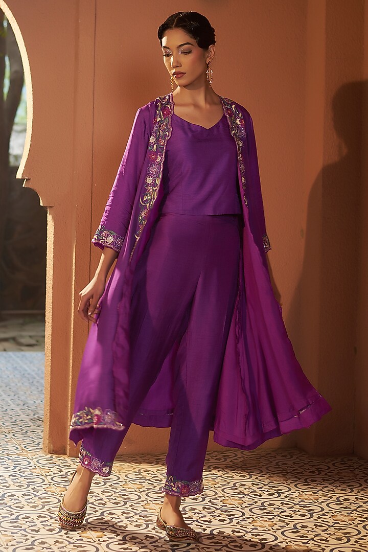 Purple Silk Resham Embroidered Jacket Set by Sonia Khatri at Pernia's Pop Up Shop