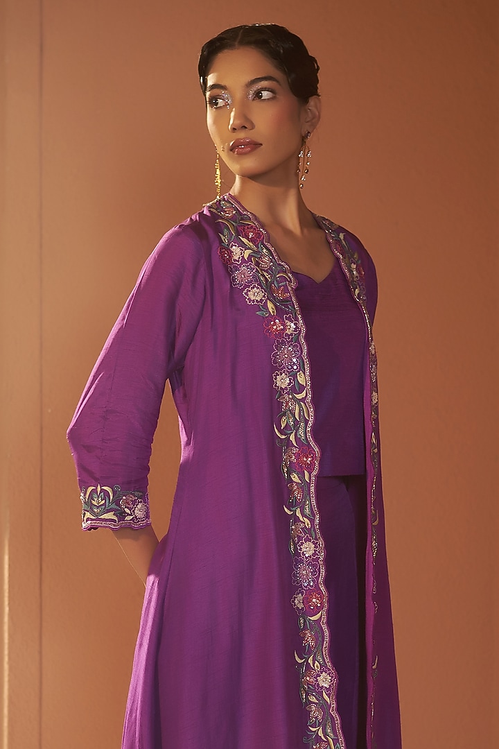 Purple Silk Resham Embroidered Jacket Set by Sonia Khatri at Pernia's Pop Up Shop