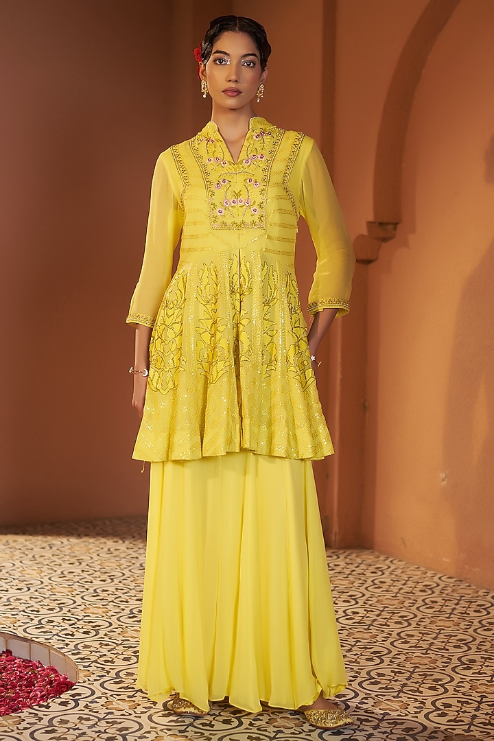 Yellow Georgette Wedding Sharara Set by Sonia Khatri at Pernia's Pop Up Shop