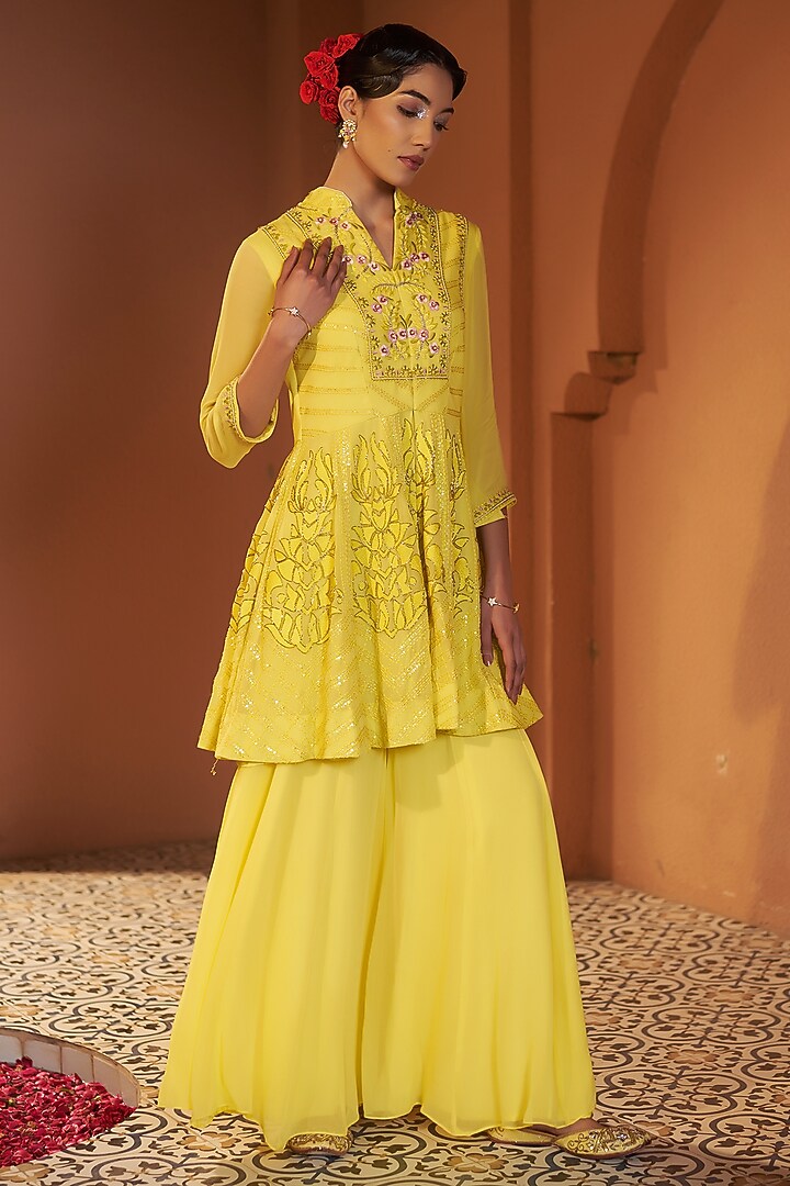 Yellow Georgette Wedding Sharara Set by Sonia Khatri at Pernia's Pop Up Shop