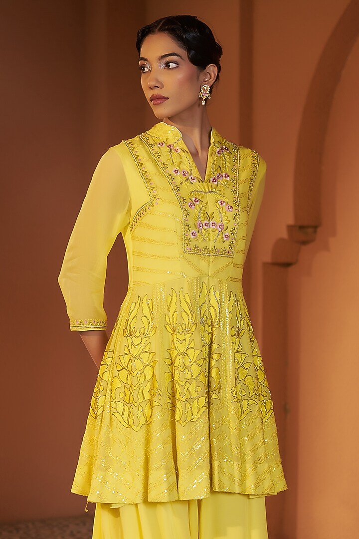 Yellow Georgette Wedding Sharara Set by Sonia Khatri at Pernia's Pop Up Shop