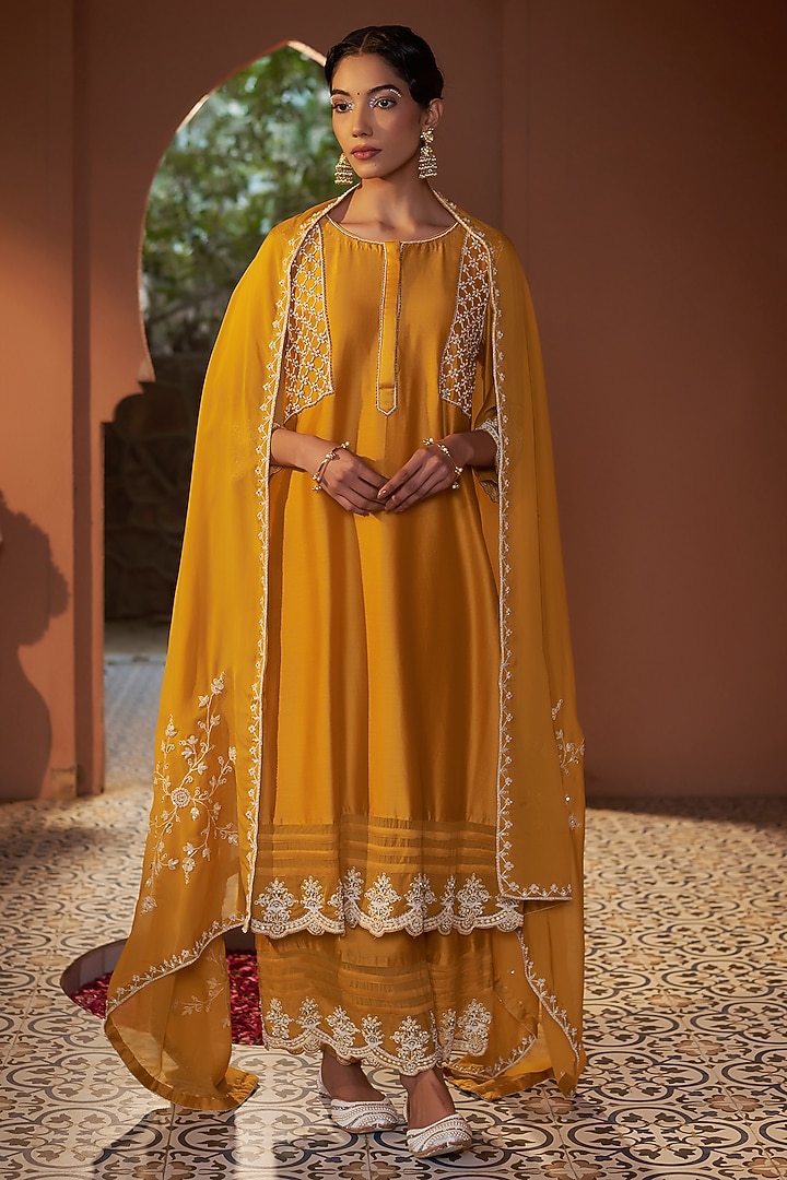 Mustard Summer Silk Pearl Embroidered Kurta Set by Sonia Khatri at Pernia's Pop Up Shop