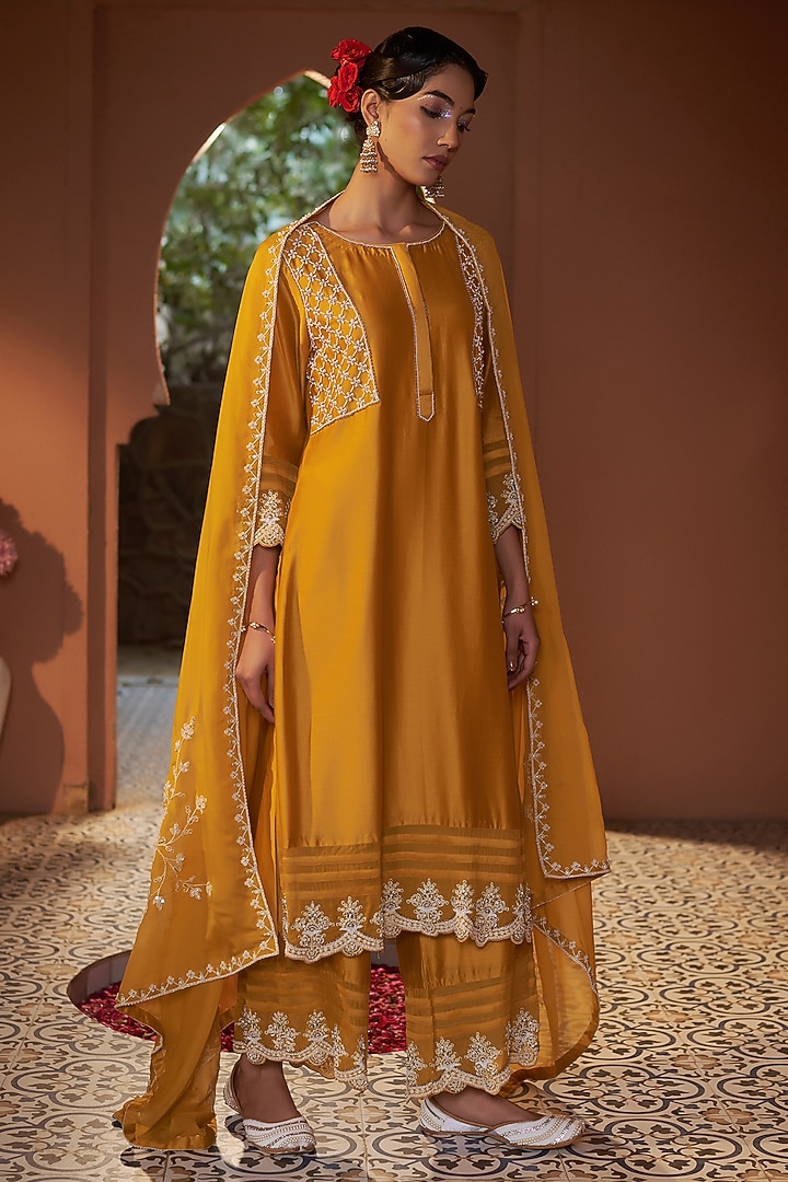 Mustard Summer Silk Pearl Embroidered Kurta Set by Sonia Khatri at Pernia's Pop Up Shop