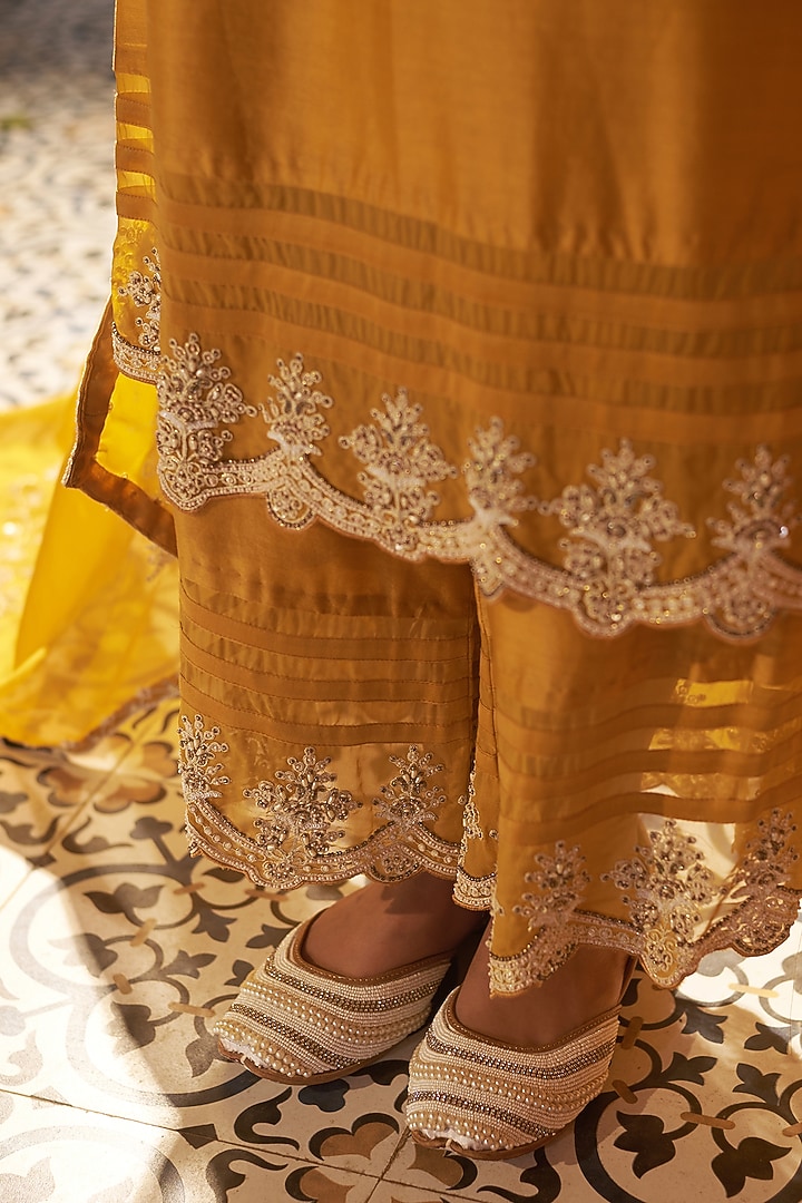 Mustard Summer Silk Pearl Embroidered Kurta Set by Sonia Khatri at Pernia's Pop Up Shop