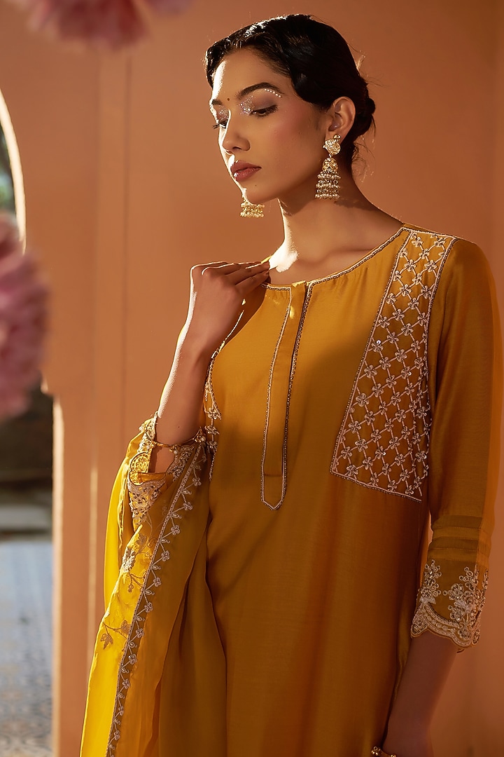Mustard Summer Silk Pearl Embroidered Kurta Set by Sonia Khatri at Pernia's Pop Up Shop