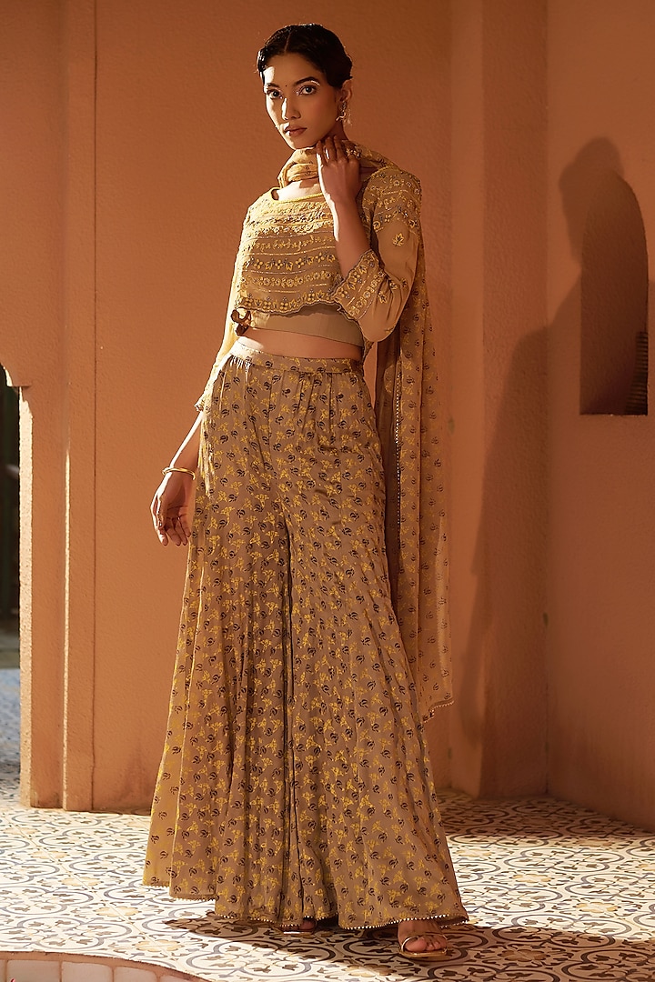 Beige Crepe Floral Printed Sharara Set by Sonia Khatri at Pernia's Pop Up Shop