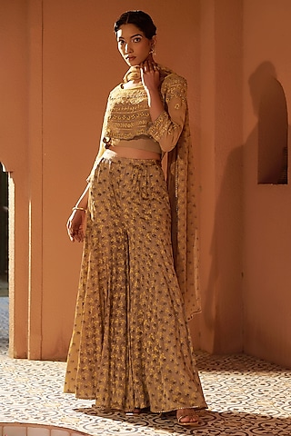 Beige Crepe Floral Printed Sharara Set by Sonia Khatri