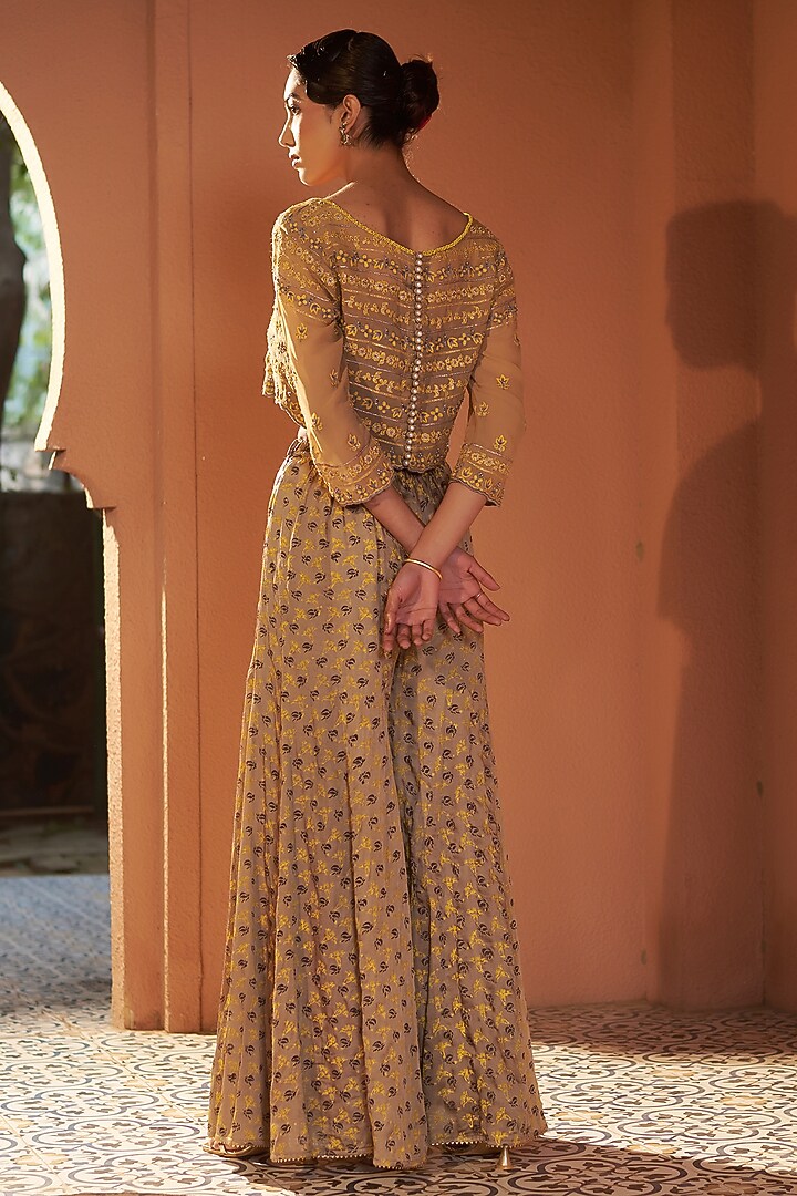 Beige Crepe Floral Printed Wedding Sharara Set by Sonia Khatri at Pernia's Pop Up Shop