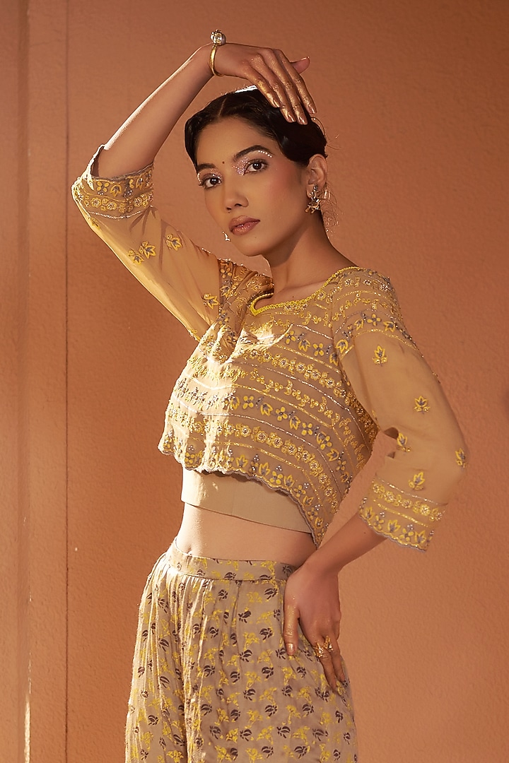 Beige Crepe Floral Printed Wedding Sharara Set by Sonia Khatri at Pernia's Pop Up Shop