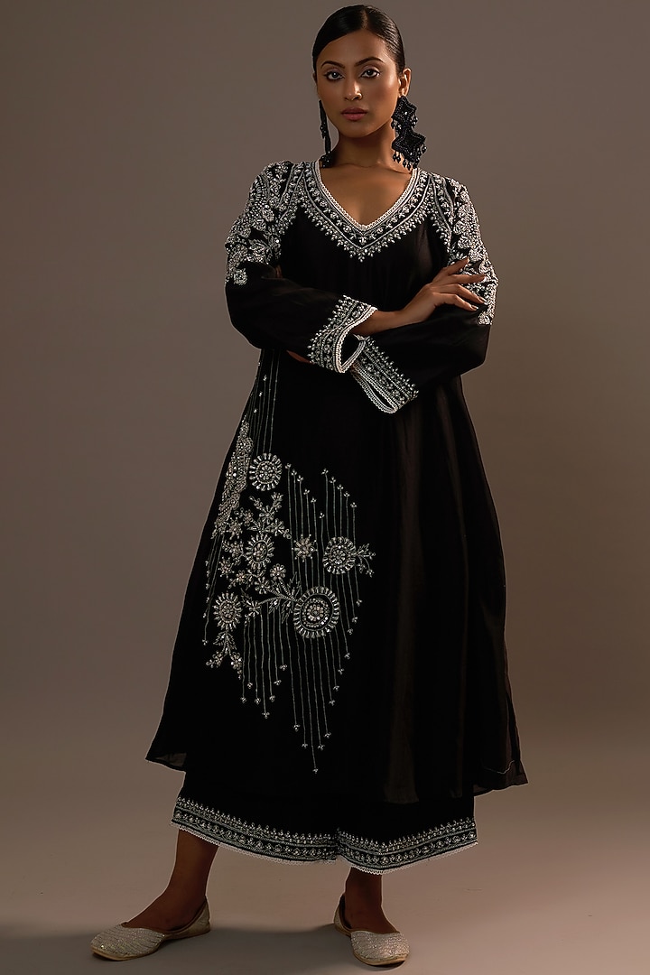 Black Summer Silk Sequins Hand & Machine Embroidered Kurta Set by Sonia Khatri at Pernia's Pop Up Shop