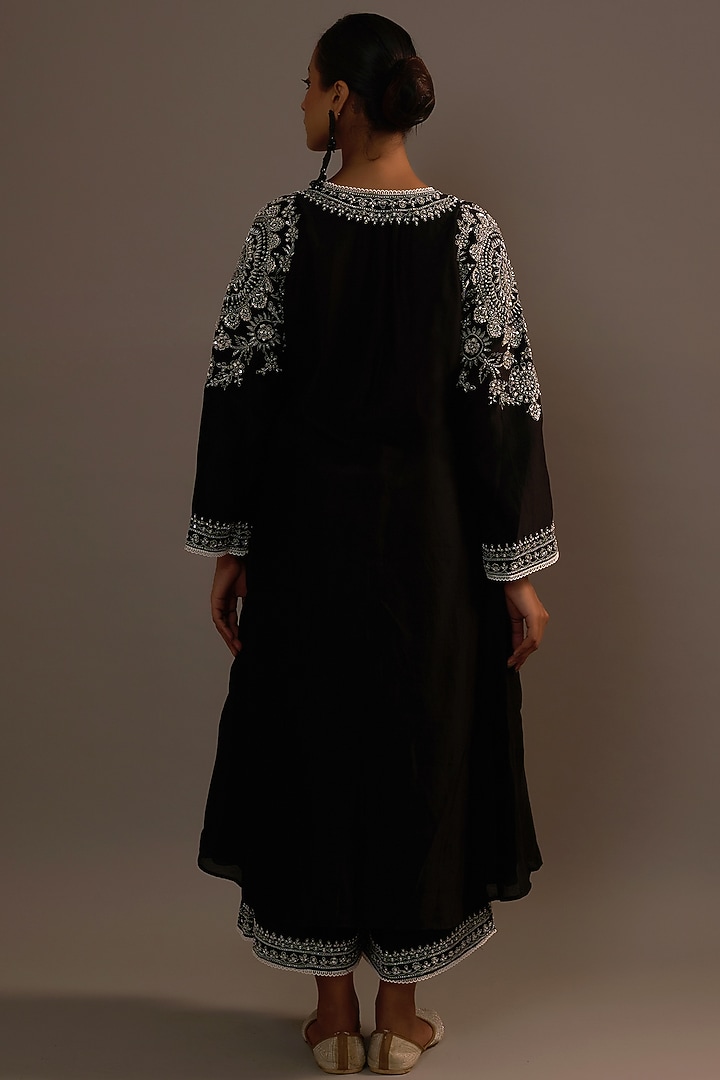Black Summer Silk Sequins Hand & Machine Embroidered Kurta Set by Sonia Khatri at Pernia's Pop Up Shop