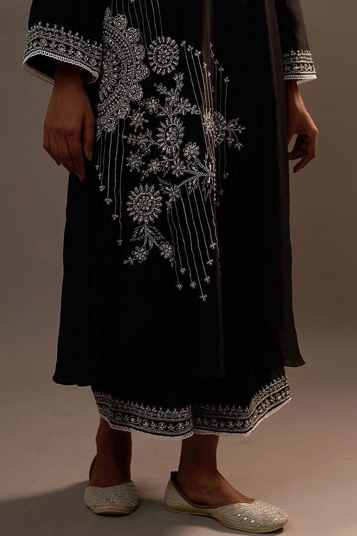 Black Summer Silk Sequins Hand & Machine Embroidered Kurta Set by Sonia Khatri at Pernia's Pop Up Shop