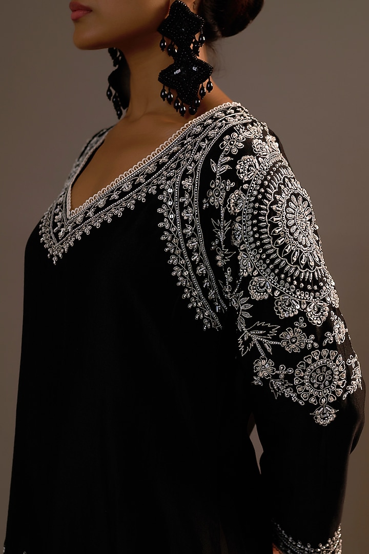 Black Summer Silk Sequins Hand & Machine Embroidered Kurta Set by Sonia Khatri at Pernia's Pop Up Shop