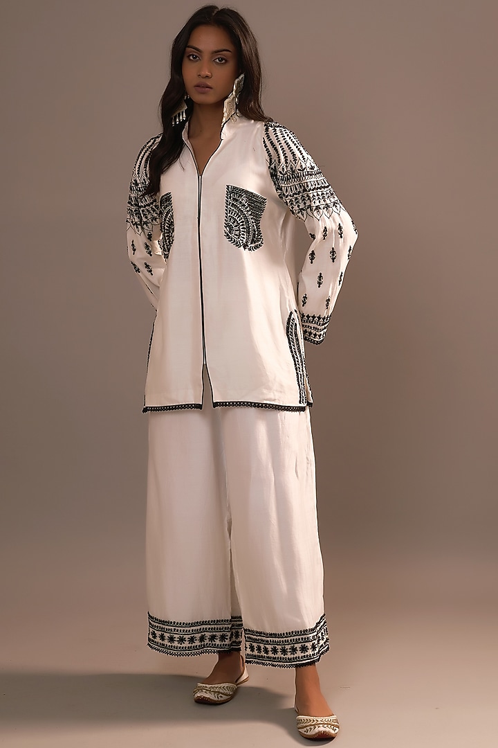 White Summer Silk Sequins Hand & Machine Embroidered Co-Ord Set by Sonia Khatri at Pernia's Pop Up Shop