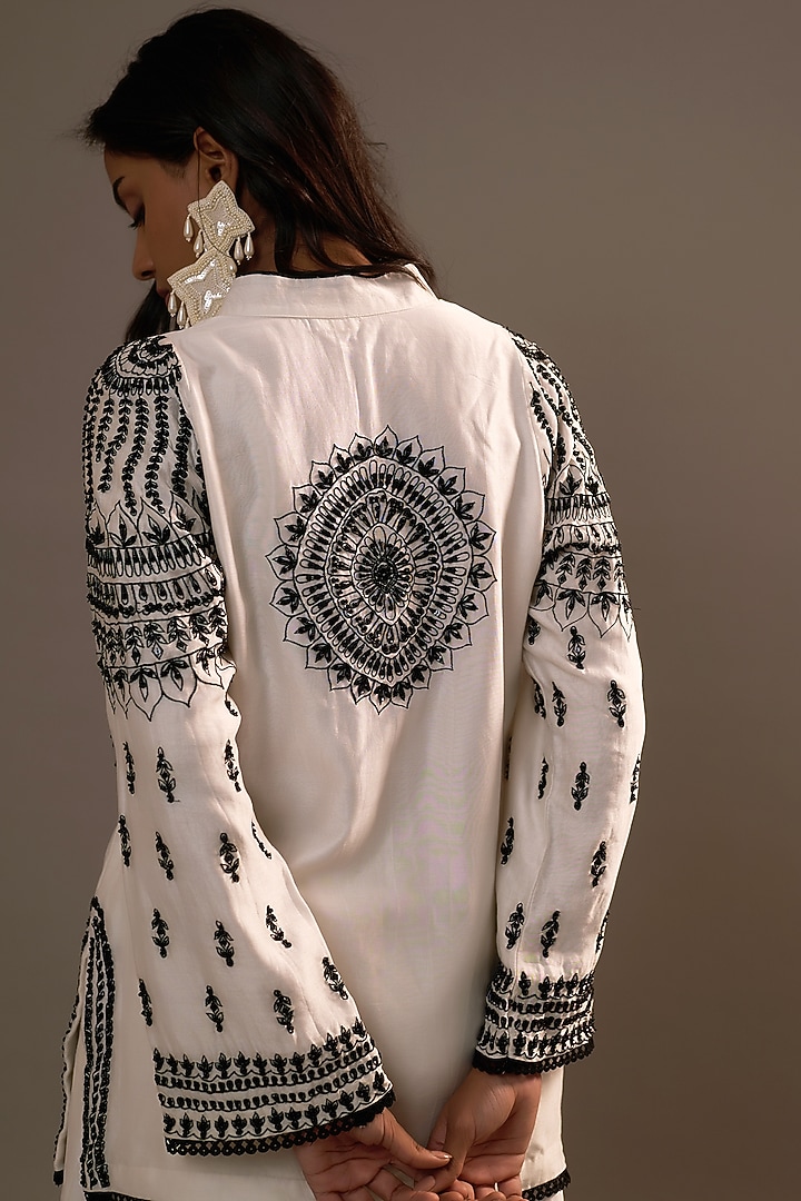 White Summer Silk Sequins Hand & Machine Embroidered Co-Ord Set by Sonia Khatri at Pernia's Pop Up Shop
