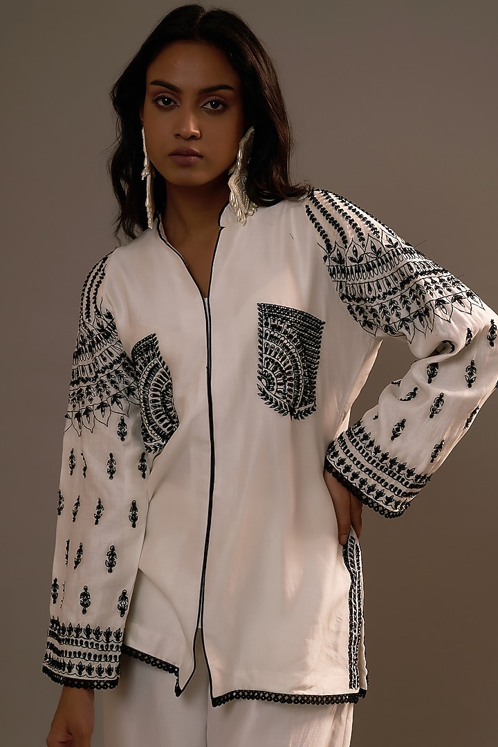 White Summer Silk Sequins Hand & Machine Embroidered Co-Ord Set by Sonia Khatri at Pernia's Pop Up Shop