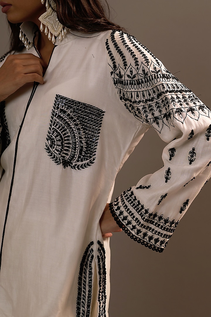White Summer Silk Sequins Hand & Machine Embroidered Co-Ord Set by Sonia Khatri at Pernia's Pop Up Shop
