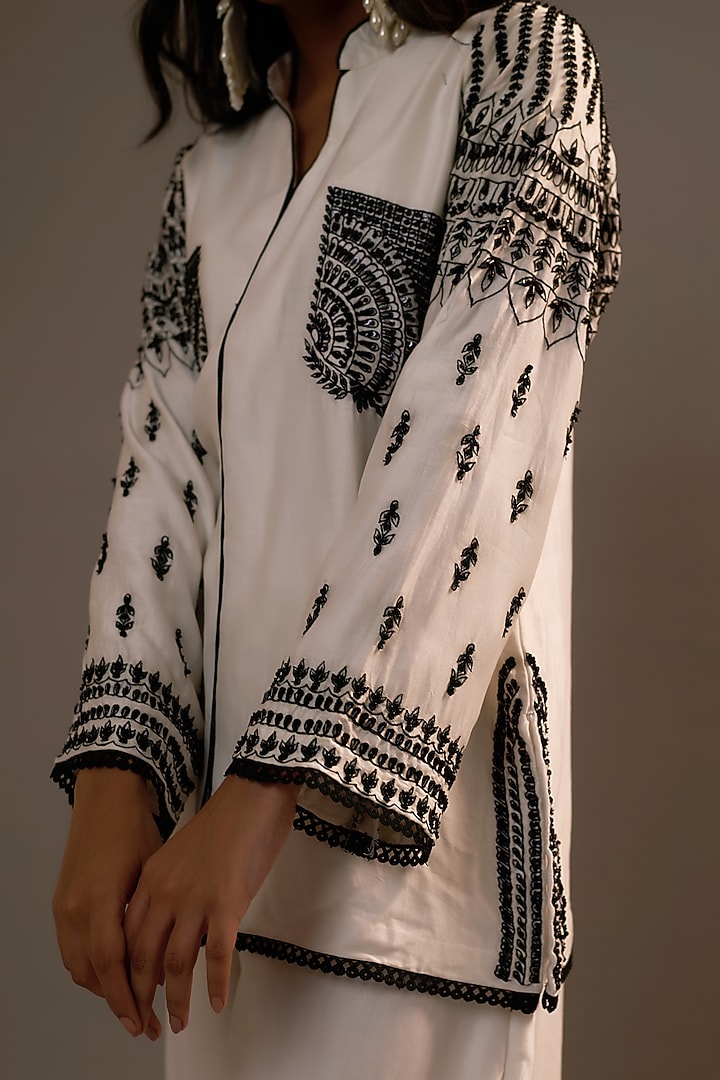 White Summer Silk Sequins Hand & Machine Embroidered Co-Ord Set by Sonia Khatri at Pernia's Pop Up Shop