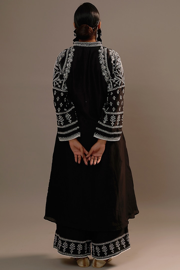Black Summer Silk Sequins Hand & Machine Embroidered Kurta Set by Sonia Khatri at Pernia's Pop Up Shop