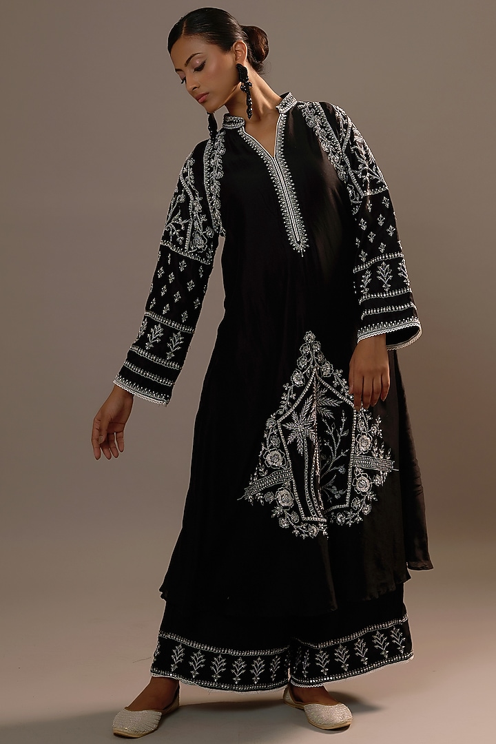Black Summer Silk Sequins Hand & Machine Embroidered Kurta Set by Sonia Khatri at Pernia's Pop Up Shop