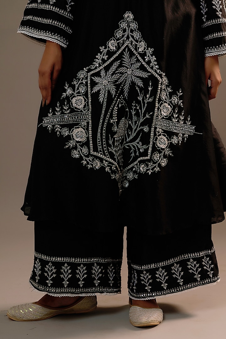 Black Summer Silk Sequins Hand & Machine Embroidered Kurta Set by Sonia Khatri at Pernia's Pop Up Shop
