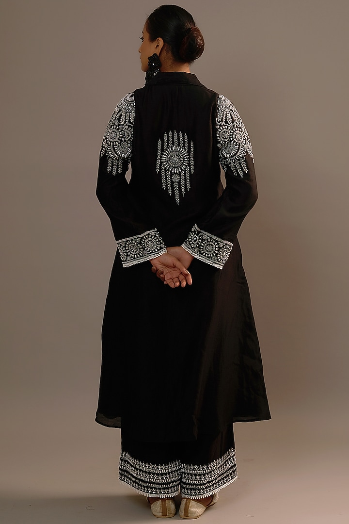 Black Summer Silk Sequins Hand & Machine Embroidered Kurta Set by Sonia Khatri at Pernia's Pop Up Shop