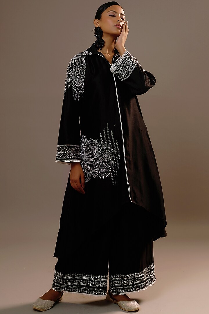 Black Summer Silk Sequins Hand & Machine Embroidered Kurta Set by Sonia Khatri at Pernia's Pop Up Shop