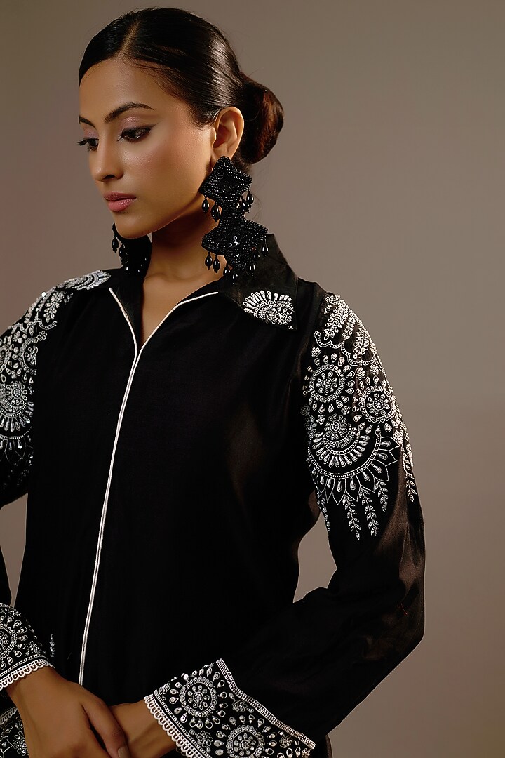 Black Summer Silk Sequins Hand & Machine Embroidered Kurta Set by Sonia Khatri at Pernia's Pop Up Shop