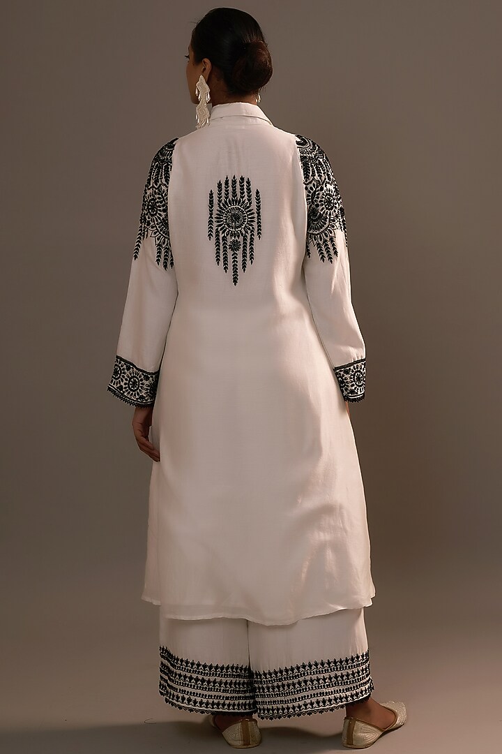 White Summer Silk Sequins Hand & Machine Embroidered Kurta Set by Sonia Khatri at Pernia's Pop Up Shop