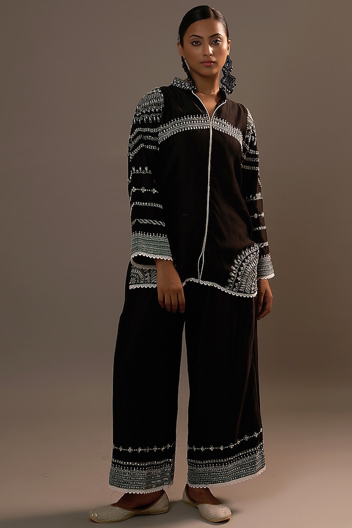 Black Summer Silk Sequins Hand & Machine Embroidered Co-Ord Set by Sonia Khatri at Pernia's Pop Up Shop