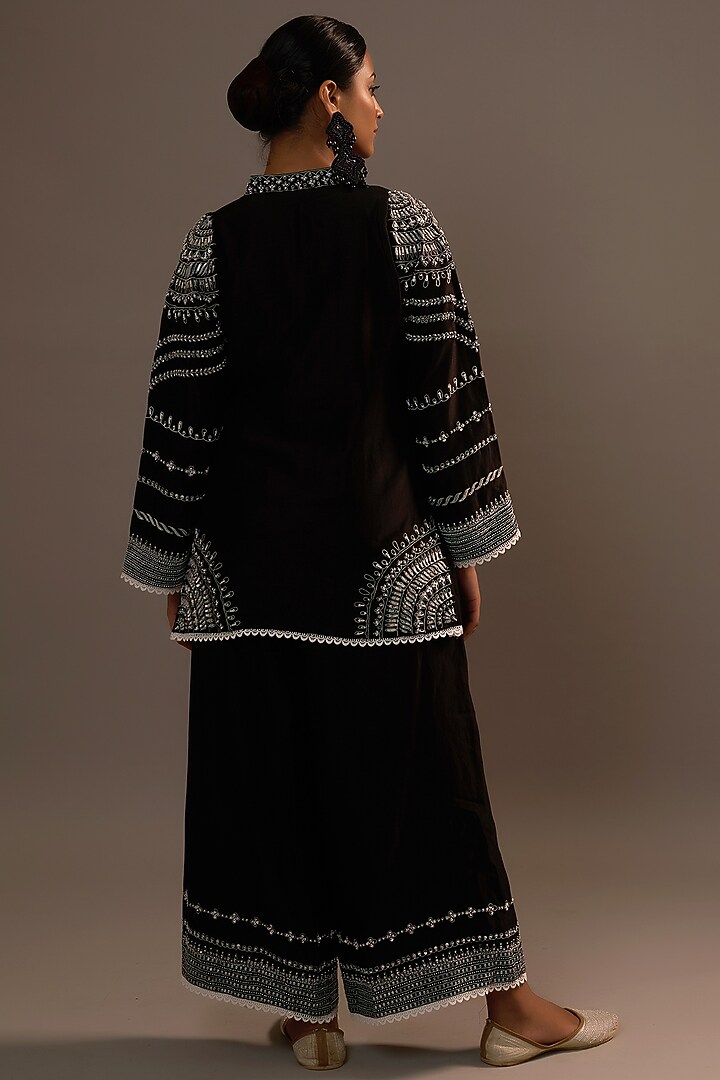 Black Summer Silk Sequins Hand & Machine Embroidered Co-Ord Set by Sonia Khatri at Pernia's Pop Up Shop